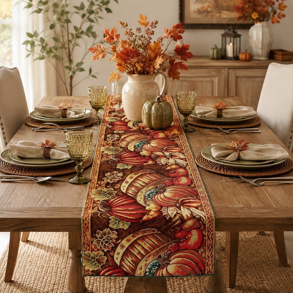 Windham Tapestry Table Runner 67" X 12" Fall Pumpkins Thanksgiving Farmhouse